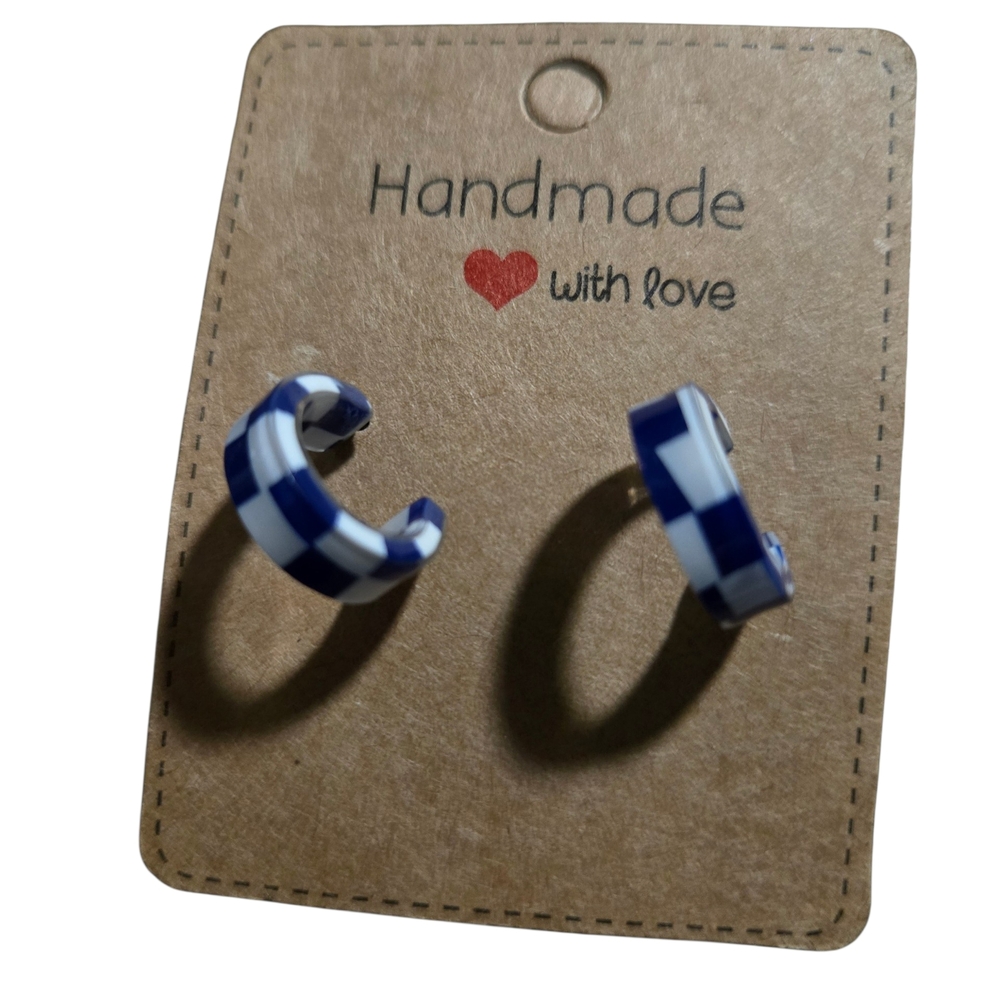 Kids Blue & White Checker Hoop Earrings